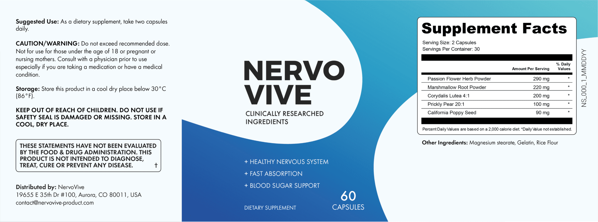 NervoVive supplement facts label